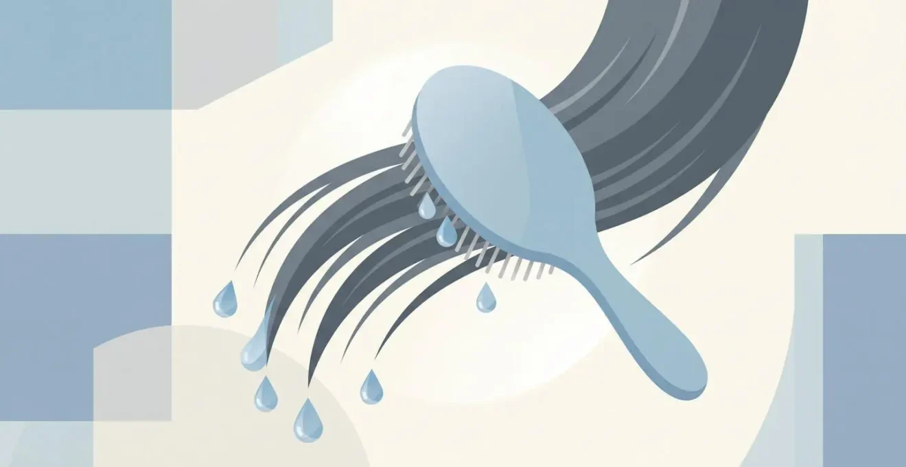 Coiffure brushing lisse et volumineuse avec des gouttes d'eau qui glissent sur les mèches, fond bleu gris doux style flat design