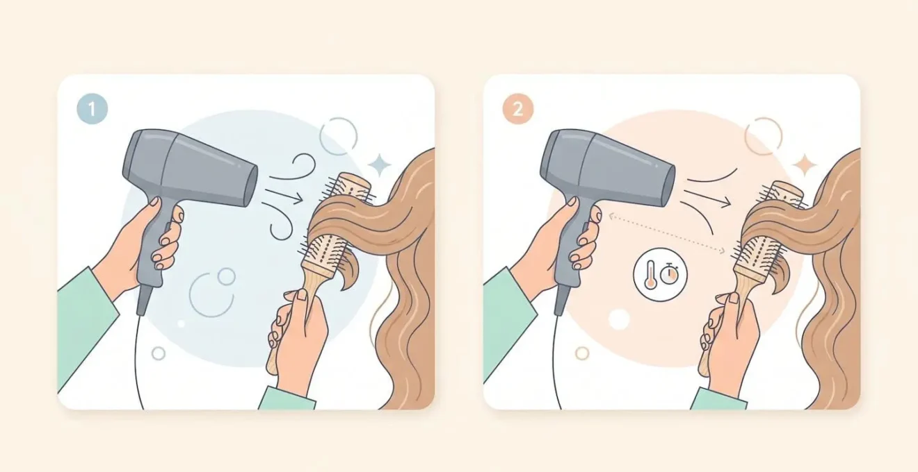 Schéma épuré flat design montrant la technique de brossage avec brossecarrée et sèche-cheveux maintenu à distance